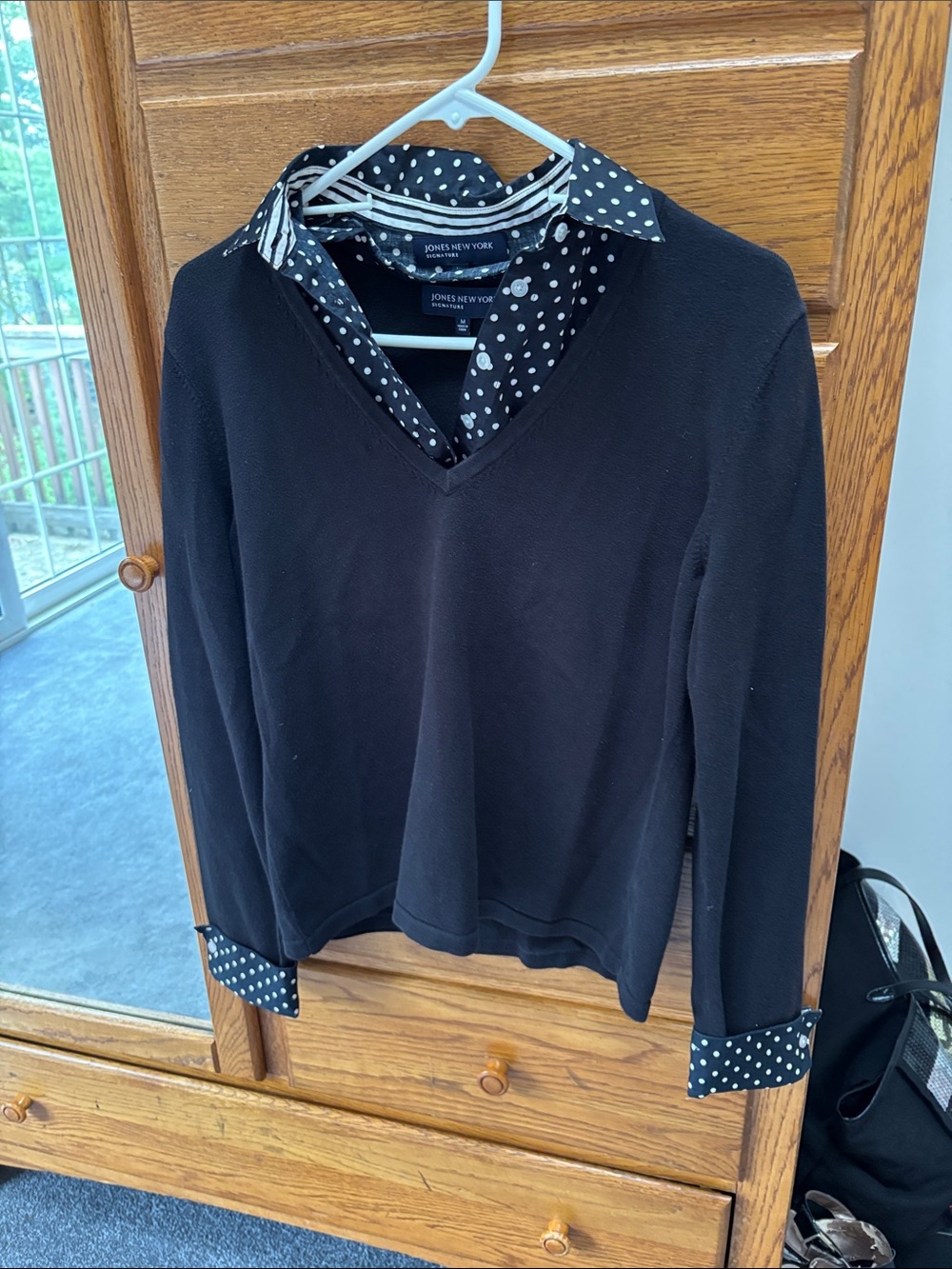 Jones New York Black Top with White Polka Dot Collar